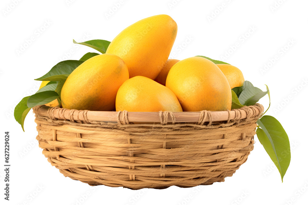 A realistic portrait of mango in a basket, isolated PNG