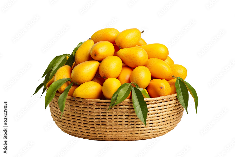 A realistic portrait of mango in a basket, isolated PNG A realistic portrait of mango in a basket, isolated PNG