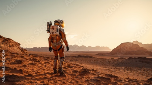 Female astronaut in a space suit walking on Mars or other red sandy planet. Sci-Fi Space Travel Concept.