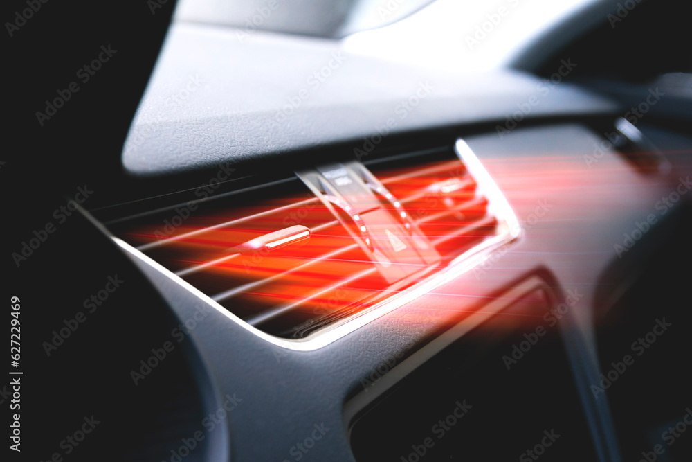 Naklejka premium Hot air coming out from car dashboard air went. Vehicle heating system illustration. Cabin filter. Vehicle odor removal. Air purification and filtration.