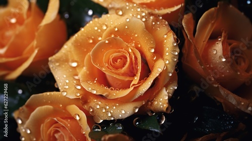 Orange Roses flowers with water drops background. Closeup of blossom with glistening droplets. Generative AI
