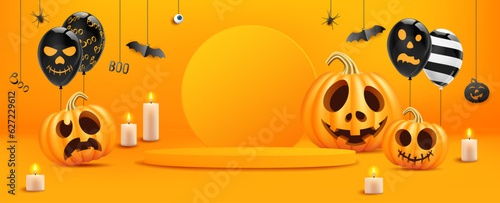 Podium or scene and orange cartoon character  holiday halloween pumpkins  with joyful smiling emotions  jack o lanterns  balloon  candle for party.