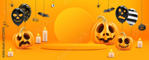 Podium or scene and orange cartoon character, holiday halloween pumpkins, with joyful smiling emotions, jack o lanterns, balloon, candle for party.