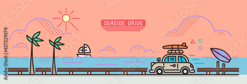 海沿いを走る車のイラスト ベージュの車