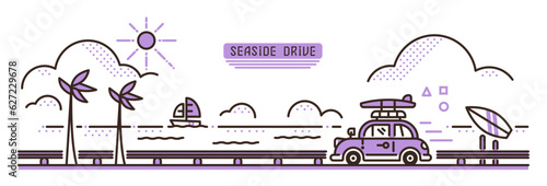 海沿いを走る車のイラスト 紫色の車