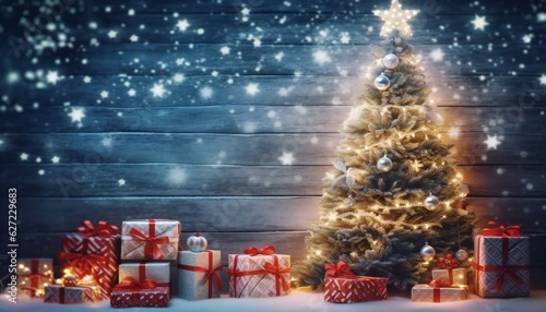 Holidays background with illuminated Christmas tree and gifts