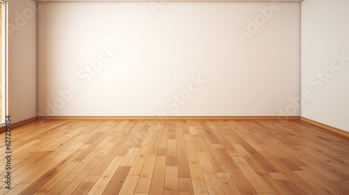 Beige wall empty apartment room with wooden floor. Copy space for product placement. Generative AI