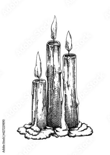 Hand drawn composition with burning candles sketch. Hand draw wax candles isolated on white background. Halloween design element. Hand drawn home decoration. Candlelight vector illustration for