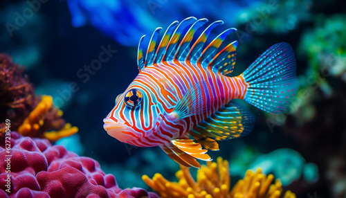 colorful exotic fish close up among coral reef underwater world made with Generative AI