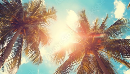 Tropical palm tree with sunlight on the sky