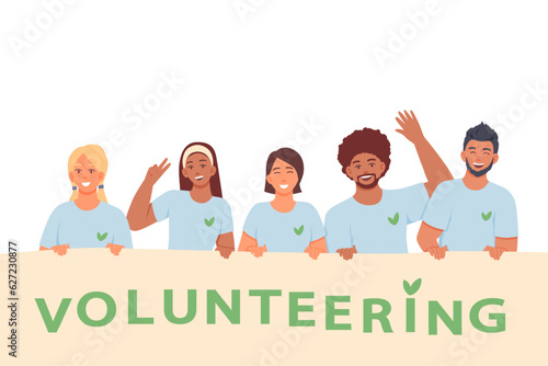 Smiling group of female and males volunteering. Happy volunteers working together. Help and care for people in need concept. Flat vector illustration in cartoon style