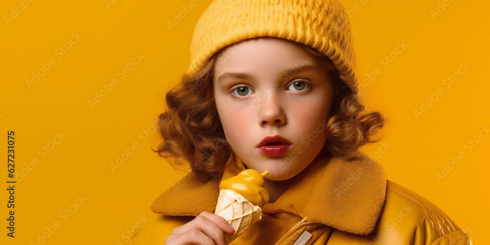 Young girl eating ice cream on a yellow background