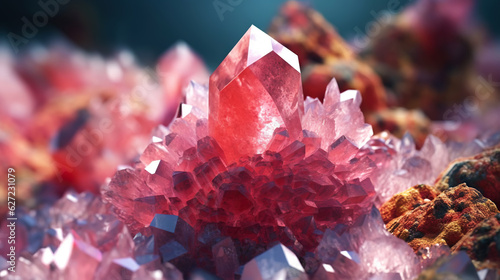 Amazing bright and shiny Rhodochrosit crystal cluster background. Jewel mineral detailed macro. Generative AI photo