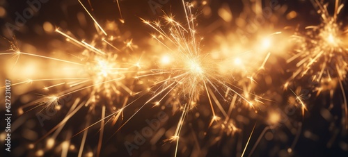 Silvester New Year, New Year's Eve 2024 party event celebration holiday greeting card - Closeup of sparkling sparklers and bokeh lights in the background (Generative Ai)