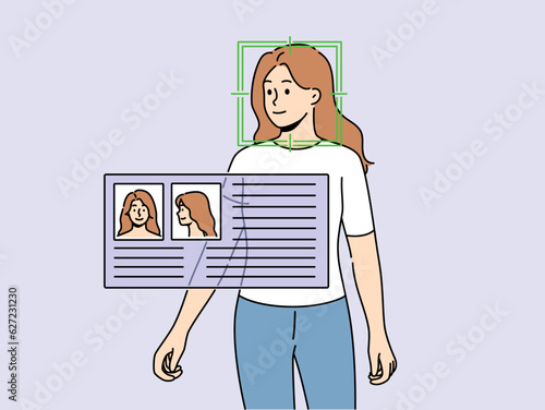 Questionnaire near woman with circled face symbolizes facial recognition using video surveillance with artificial intelligence. Technology of tracking people through video surveillance system with AI