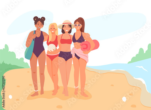 Smiling beautiful girls come beach. Young people in swimming suits with blanket spending time outside, walking together. Vector flat illustration in cartoon style