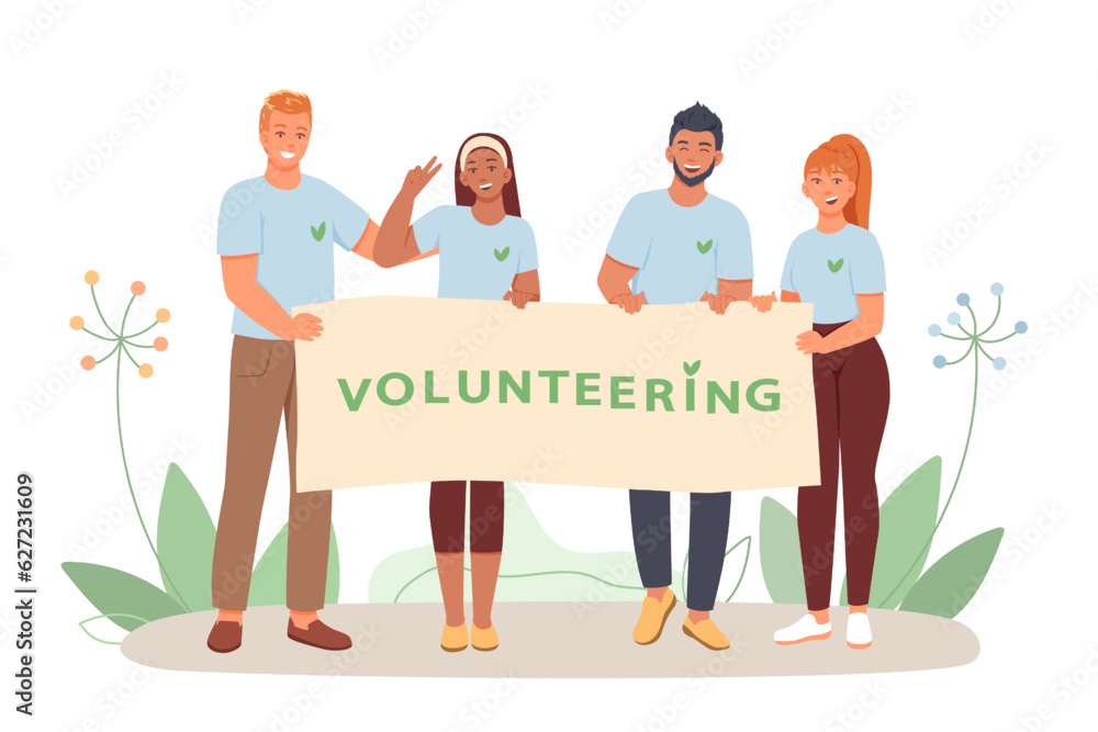 Couples holding poster with slogan, ready to help people. Happy volunteers working together. Help and care for people in need concept. Flat vector illustration in cartoon style Couples holding poster with slogan, ready to help people. Happy volunteers working together. Help and care for people in need concept. Flat vector illustration in cartoon style