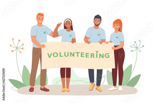 Couples holding poster with slogan, ready to help people. Happy volunteers working together. Help and care for people in need concept. Flat vector illustration in cartoon style