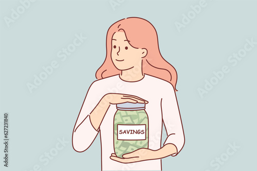 Woman holds jar with savings refusing to keep money on bank deposit or investment companies