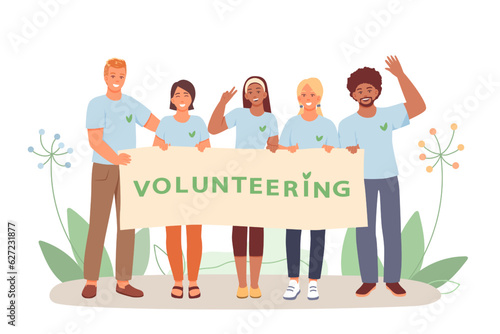 Group of young people holding poster and taking pictures. Happy volunteers working together. Help and care for people in need concept. Flat vector illustration in cartoon style