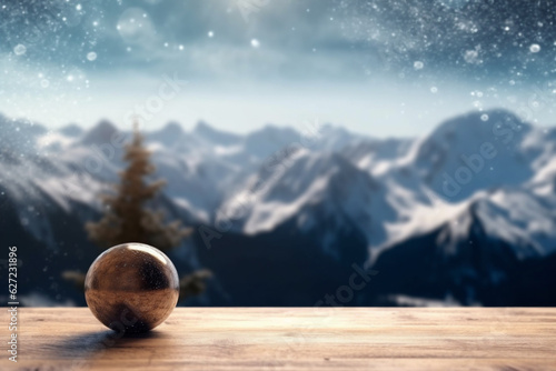 Distant work desk of free space cover of snow and landscape of mountains. Aesthetic photo, macro close up, bright tone, natural lighting, photo realistic. AI Generative