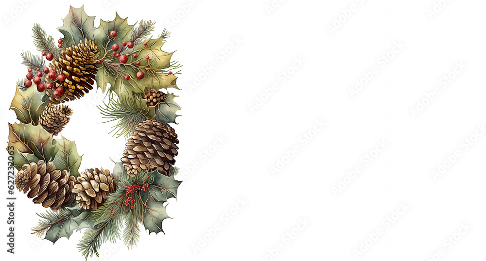 Fototapeta premium christmas wreath with red ribbon, pine cones and Happy christmas. Xmas card for season greetings. Isolated on white.