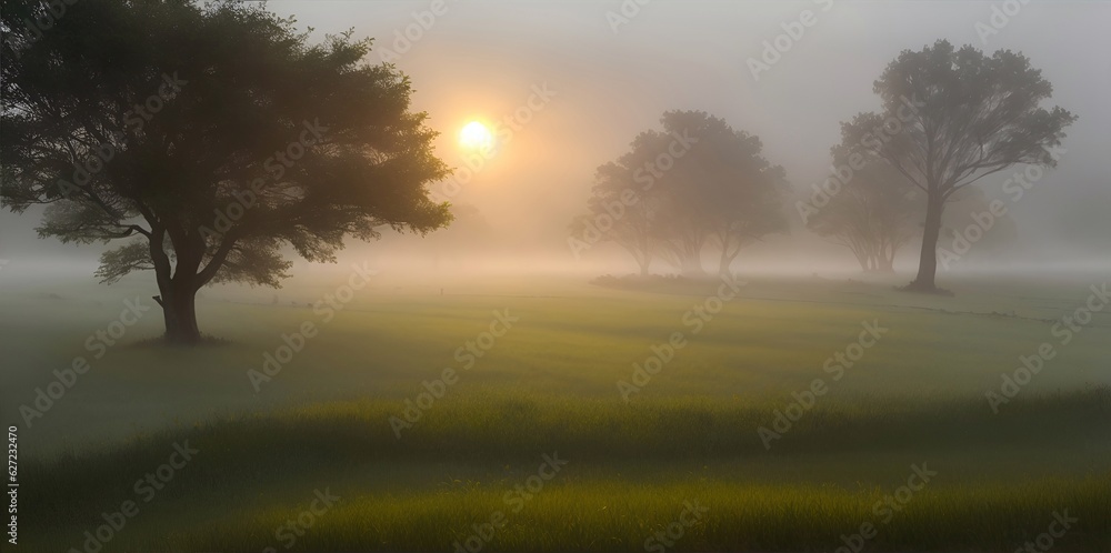 A foggy morning in a lush. AI generated illustration