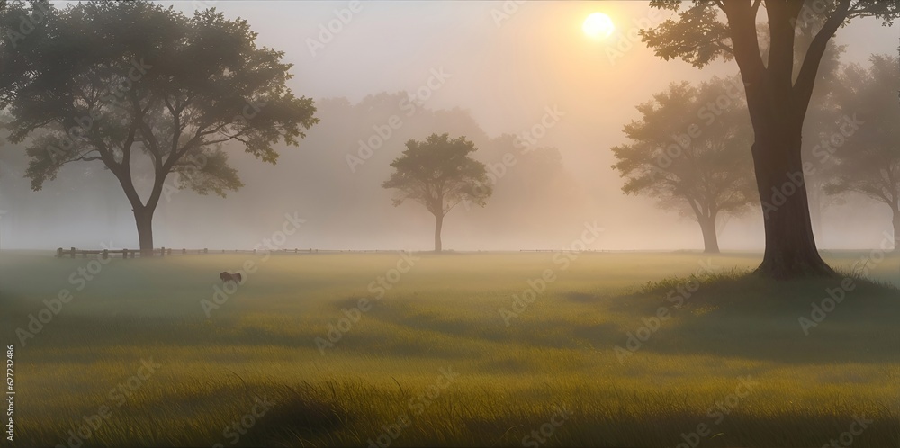 A foggy morning in a lush. AI generated illustration