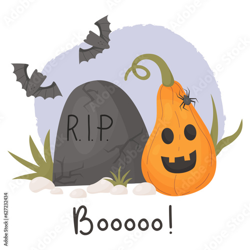 Cool Halloween card. Cute pumpkin lantern jack, grave headstone with bats. Vector illustration in cartoon style. Creepy graveyard stone headstone and death.