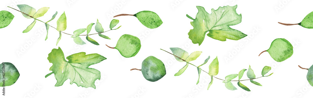 Fototapeta premium Seamless border green leaves trees and branches, foliage of natural branches, green leaves, herbs, tropical plants hand drawn watercolor on white background.
