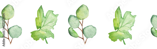 Seamless border green leaves trees and branches, foliage of natural branches, green leaves, herbs, tropical plants hand drawn watercolor on white background.