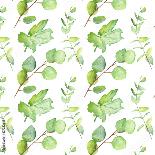 Seamless pattern green leaves trees and branches  foliage of natural branches  green leaves  herbs  tropical plants hand drawn watercolor on white background.