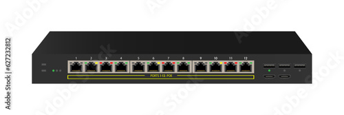 Network Switch. The ethernet switch with 12 ports, POE Port, Port. Vector illustration. photo