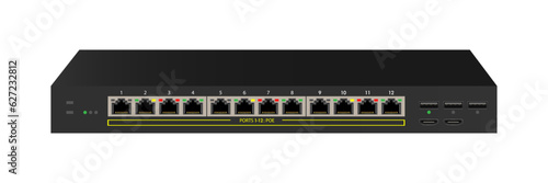 Network Switch. The ethernet switch with 12 ports, POE Port, Port. Vector illustration.