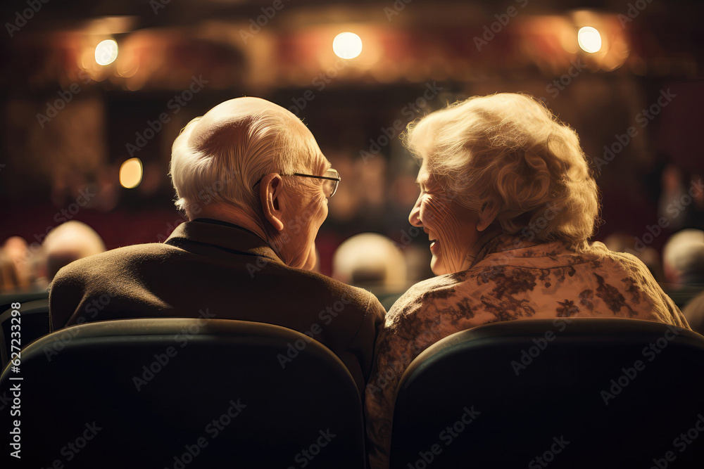 Elderly Man And Woman Attending Theater Show Hand In Hand With Smiles On Their Faces. Elderly Date Nights, Theatre Shows For All Ages, Joy Of Elderly Couples