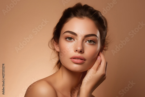 Beautiful Young Woman With Perfect Skin Touches Her Face, On Begie Background