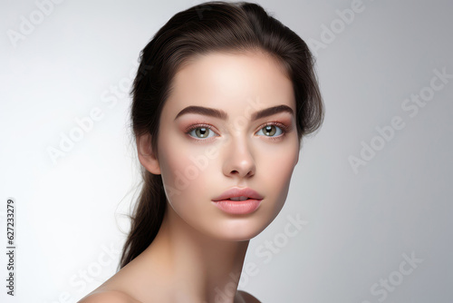 Beautiful Young Woman With Perfect Skin Touches Her Face, On White Background