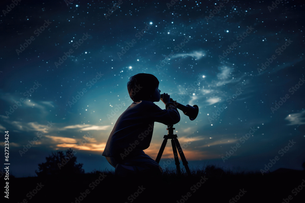 Silhouette Of Child Looking At The Stars Through Telescope