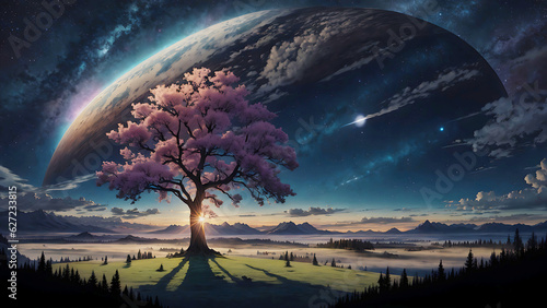 Beatiful sky, giant tree in center, landscape, Human near a tree