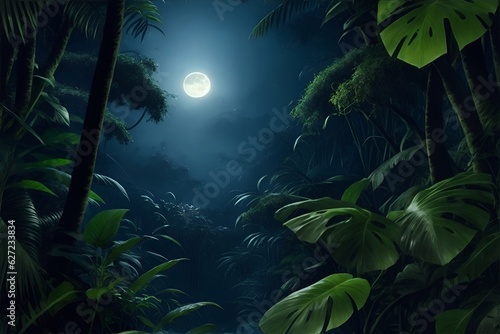 The jungle with moonlight. AI generated illustration