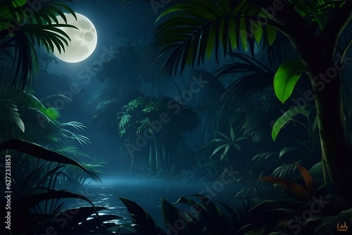The jungle with moonlight. AI generated illustration © vector_master