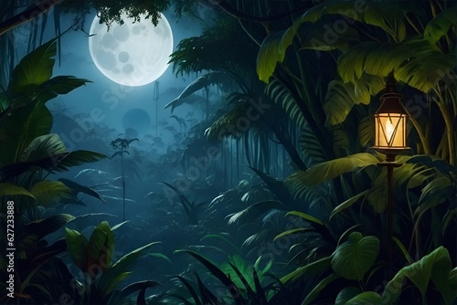 The jungle with moonlight. AI generated illustration