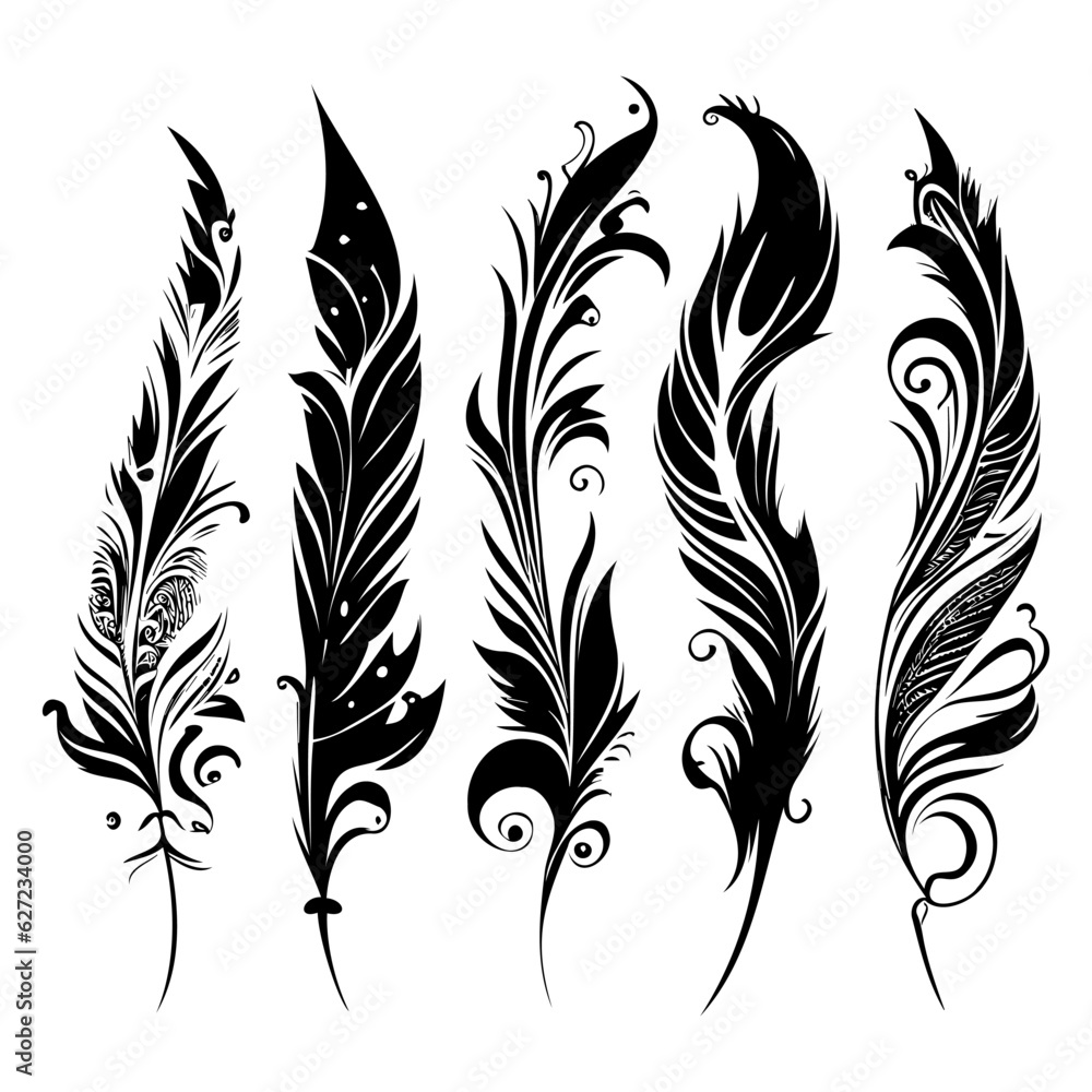 Obraz premium Five feathers, tribal style, vector graphic on white background