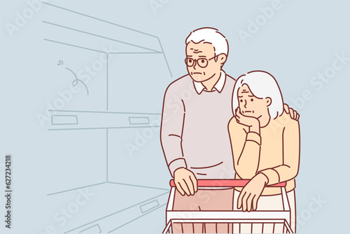 Elderly couple in supermarket with empty shelves, gets upset because of shortage of goods