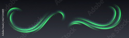Northern lights or aurora borealis overlay, green luminescent trails with sparkles. Green speed lines, motion effect. Glowing twirls and swirls with stars. Vector decoration.