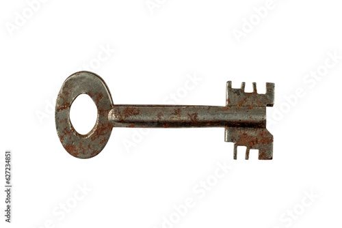 Old rusty key isolated on white background