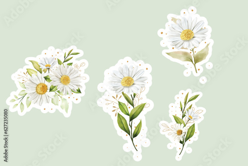 Watercolour daisy bouquet and branch sticker illustration 