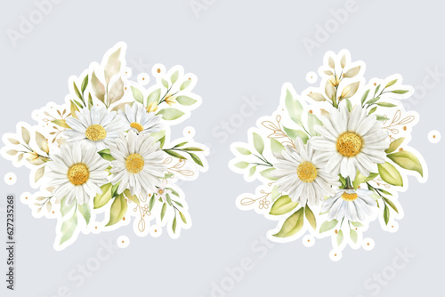 Watercolour daisy bouquet and branch sticker illustration 