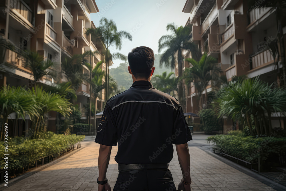 Obraz premium Security Guard In Black Stands With His Back To Residential Complexes