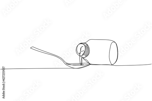 Liquid medicine bottle poured into a spoon, suspension one line art. Continuous line drawing of treatment, medication, pharmaceutical, medical, pharmacy, medicine, therapy